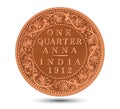 One quarter anna indian antique coin 1912 on a white background. Royalty Free Stock Photo